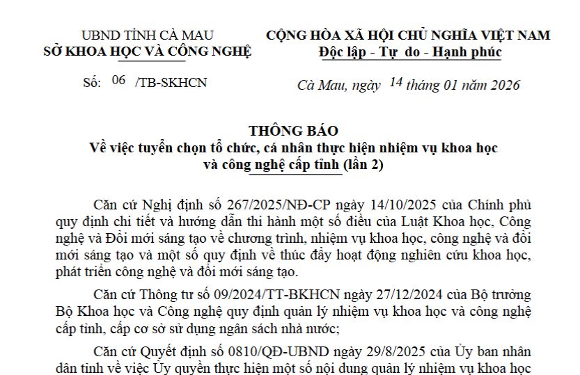 Thông báo về việc tuyển chọn tổ chức, cá nhân thực hiện nhiệm vụ khoa học và công nghệ cấp tỉnh (lần 2)