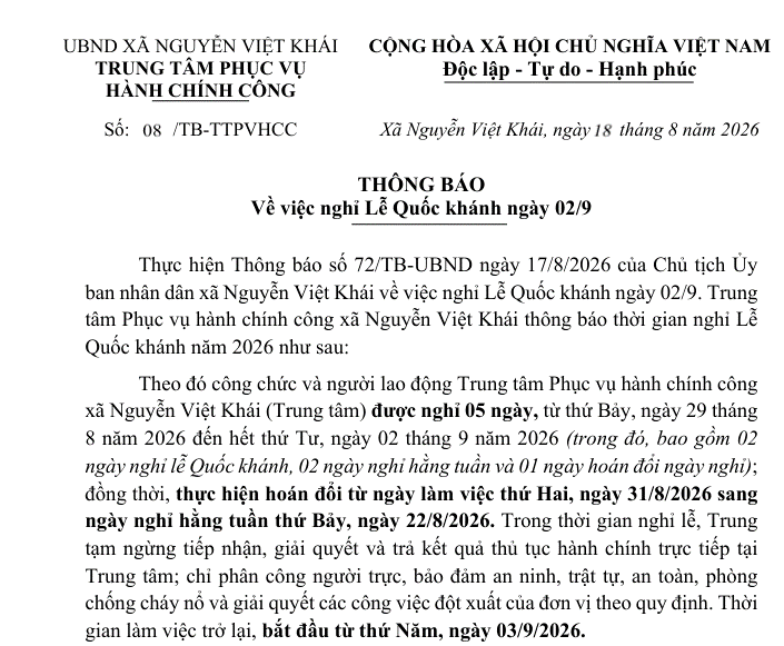 Về việc nghỉ Lễ Quốc khánh ngày 02/9