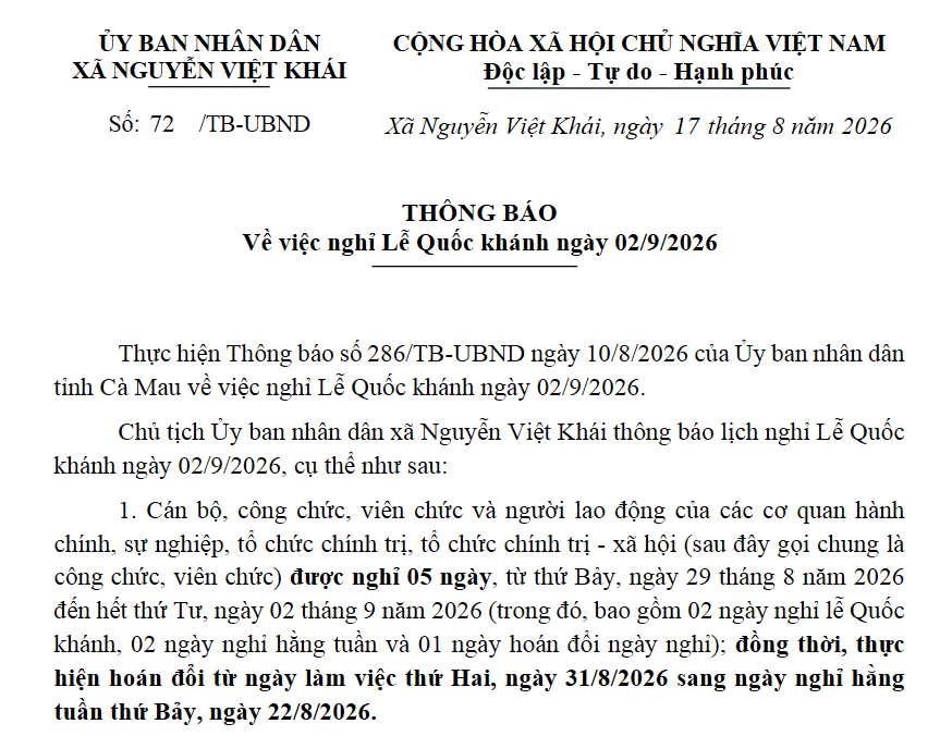 Về việc nghỉ Lễ Quốc khánh ngày 02/9/2026