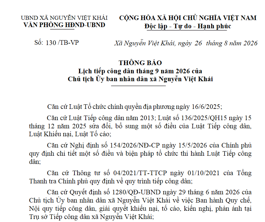 Văn phòng HĐND và UBND xã thông báo lịch tiếp công dân của Chủ tịch UBND xã Nguyễn Việt Khái tháng 9 năm 2026