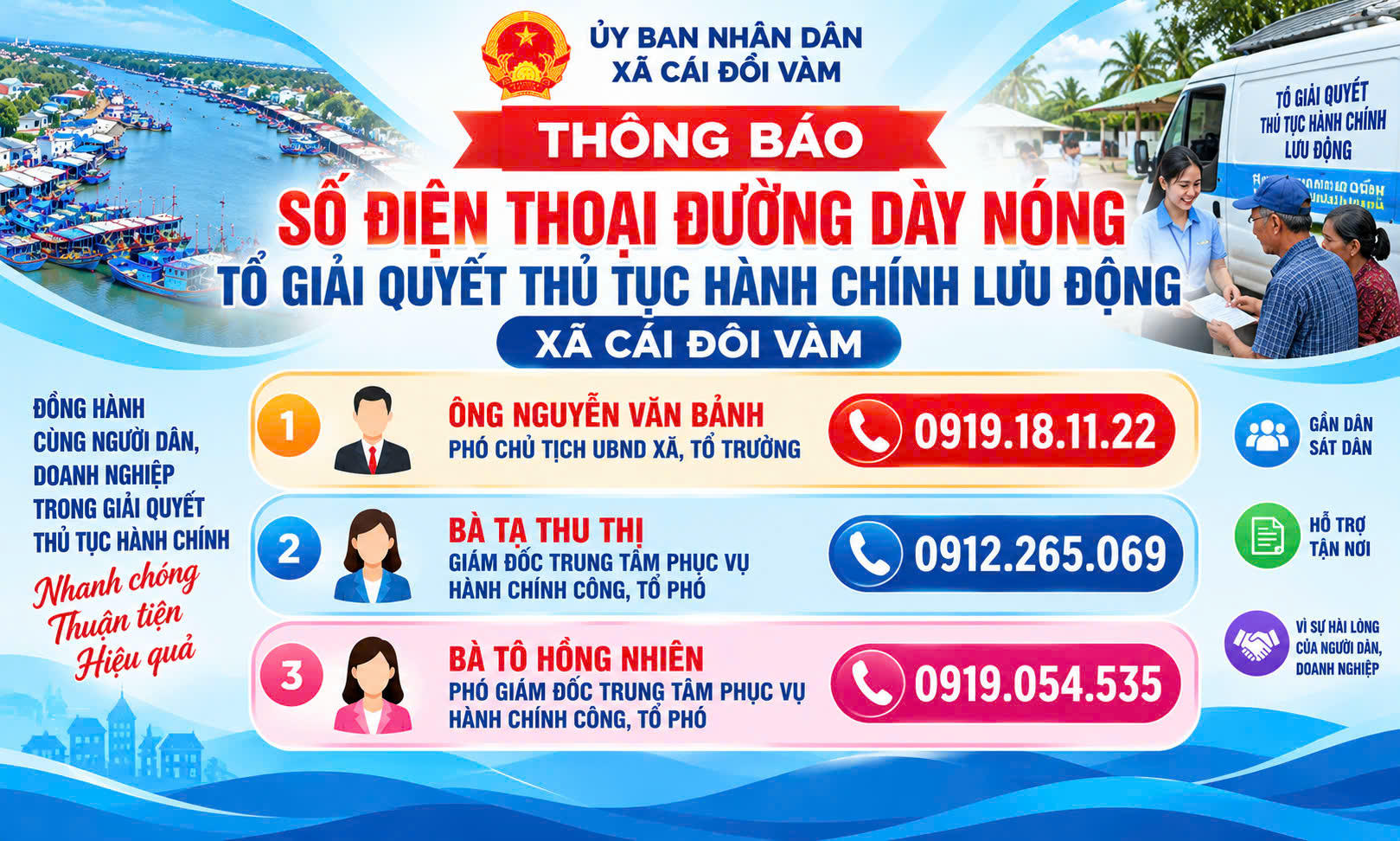 Công khai số điện thoại đường dây nóng số điện thoại Tổ giải quyết thủ tục hành chính lưu động xã Cái Đôi Vàm