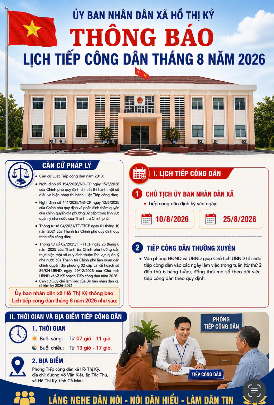 Thông báo Lịch tiếp công dân tháng 8 năm 2026 của Chủ tịch UBND xã Hồ Thị Kỷ