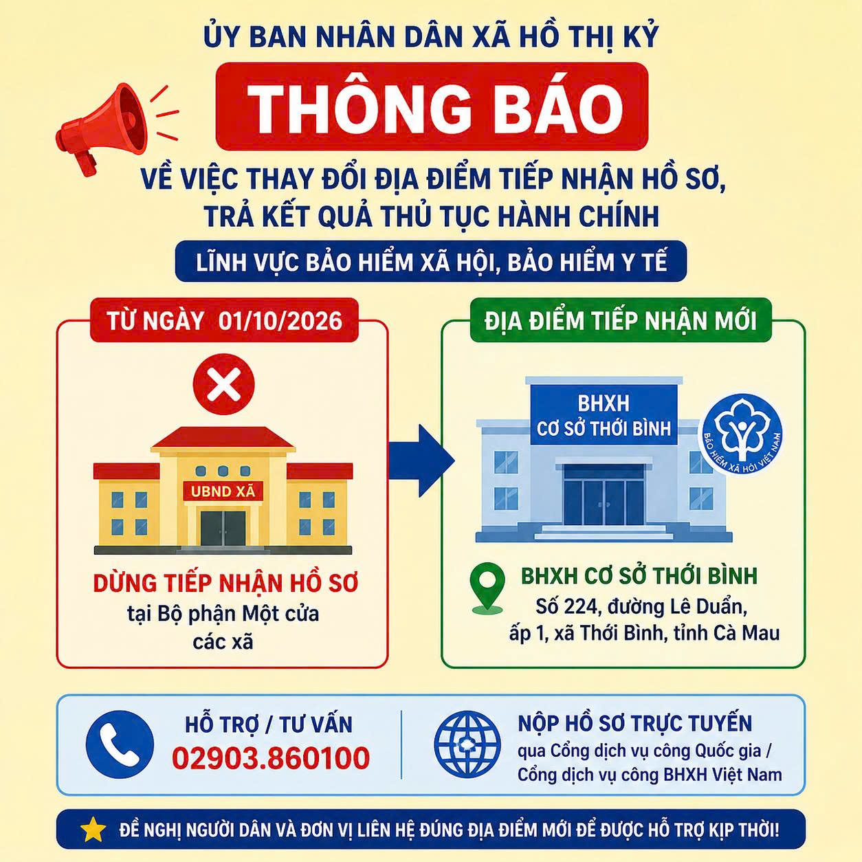 Thông báo thay đổi địa điểm tiếp nhận hồ sơ, trả kết quả thủ tục hành chính lĩnh vực bảo hiểm xã hội, bảo hiểm y tế