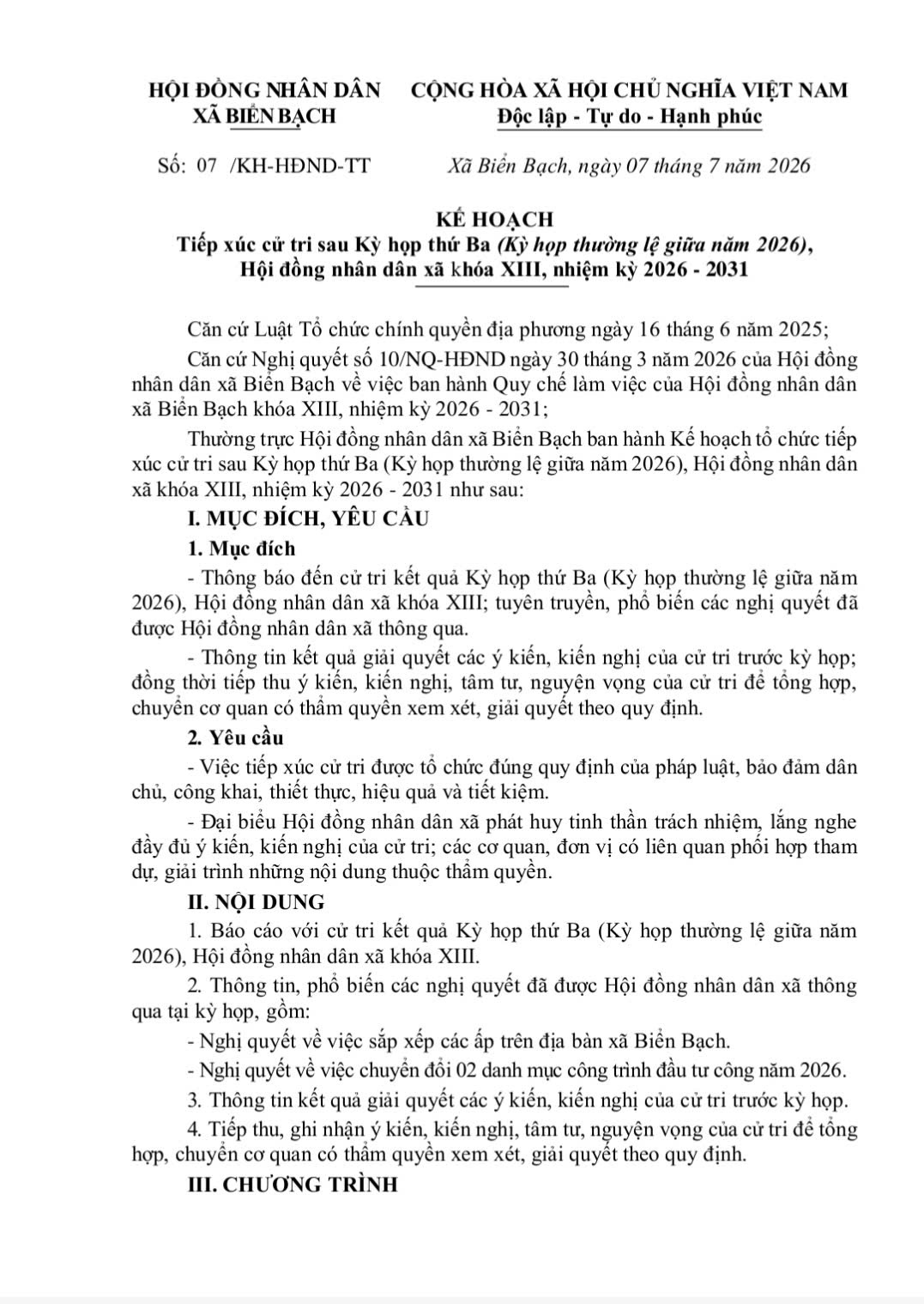 Kế hoạch Tiếp xúc cử tri sau Kỳ họp thứ Ba, Hội đồng nhân dân xã khóa XIII, nhiệm kỳ 2026 - 2031