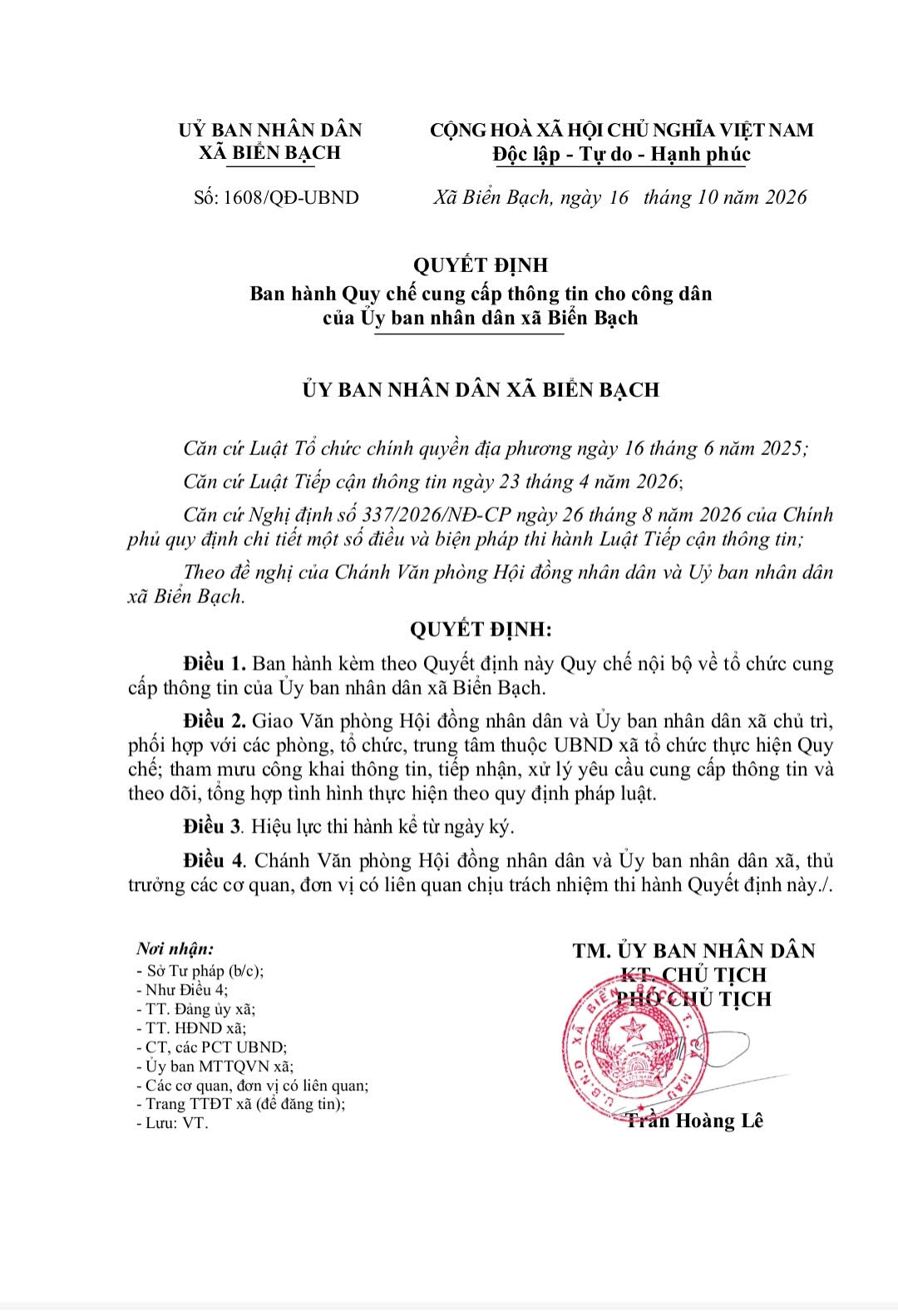Quyết định của UBND xã Biển Bạch về việc ban hành Quy chế cung cấp thông tin cho công dân