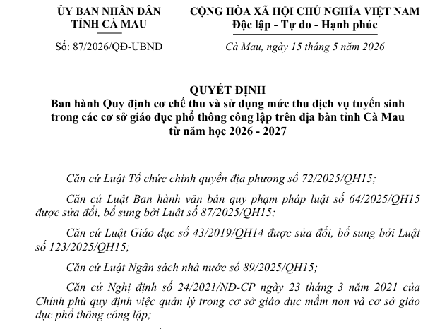 Quyết định về việc ban hành Quy định cơ chế thu và sử dụng mức thu dịch vụ tuyển sinh trong các cơ sở giáo dục phổ thông công lập trên địa bàn tỉnh Cà Mau từ năm học 2026 - 2027