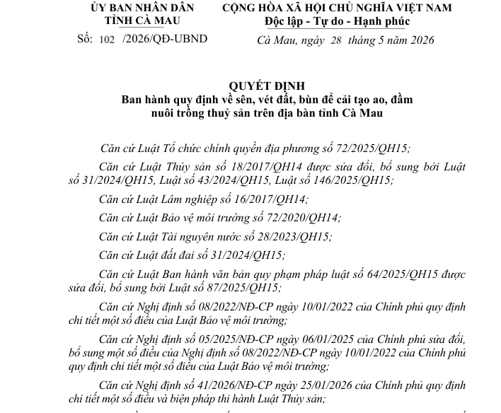 Ủy ban nhân dân tỉnh Cà Mau ban hành Quyết định về việc ban hành quy định sên, vét đất, bùn để cải tạo ao, đầm nuôi trồng thủy sản trên địa bàn tỉnh
