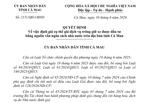 Ủy ban nhân dân tỉnh Cà Mau ban hành Quyết định về việc định giá cụ thể giá dịch vụ trông giữ xe được đầu tư bằng nguồn vốn ngân sách nhà nước trên địa bàn tỉnh Cà Mau