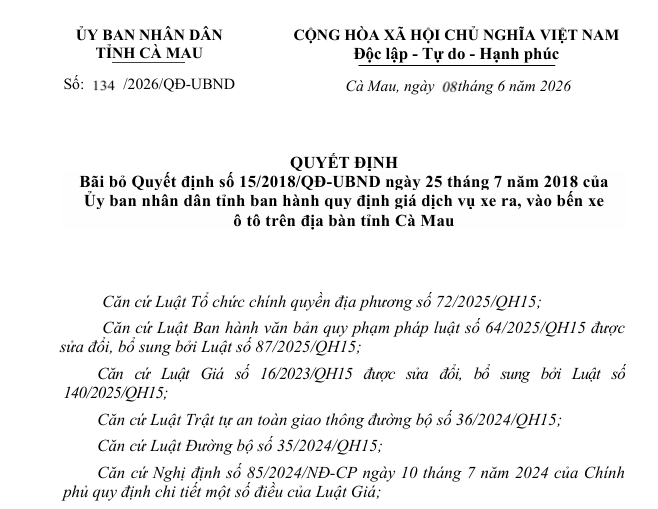 Ủy ban nhân dân tỉnh Cà Mau ban hành Quyết định bãi bỏ Quyết định số 15/2018/QĐ-UBND ngày 25 tháng 7 năm 2018 của Ủy ban nhân dân tỉnh Cà Mau quy định giá dịch vụ xe ra, vào bến xe ô tô trên địa bàn tỉnh Cà Mau.