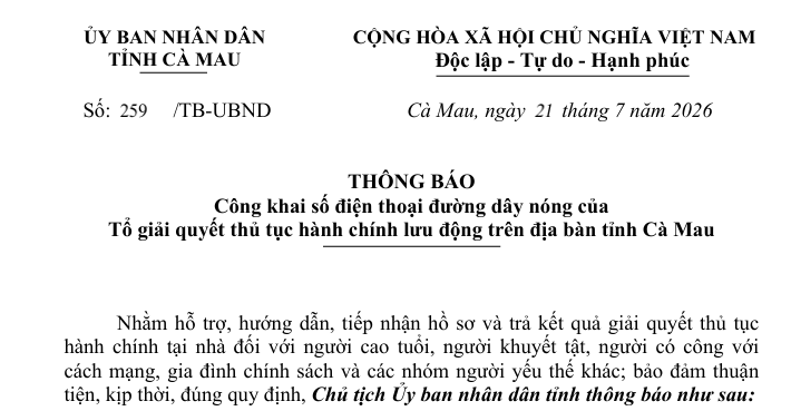Ủy ban nhân dân tỉnh Cà Mau Thông báo về việc Công khai số điện thoại đường dây nóng của Tổ giải quyết thủ tục hành chính lưu động trên địa bàn tỉnh Cà Mau