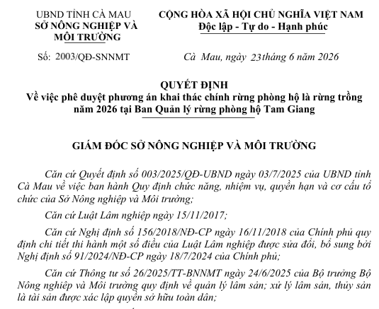 Sở Nông nghiệp và Môi trường tỉnh Cà Mau ban hành Quyết định phê duyệt phương án khai thác chính rừng phòng hộ là rừng trồng năm 2026 tại Ban Quản lý rừng phòng hộ Tam Giang