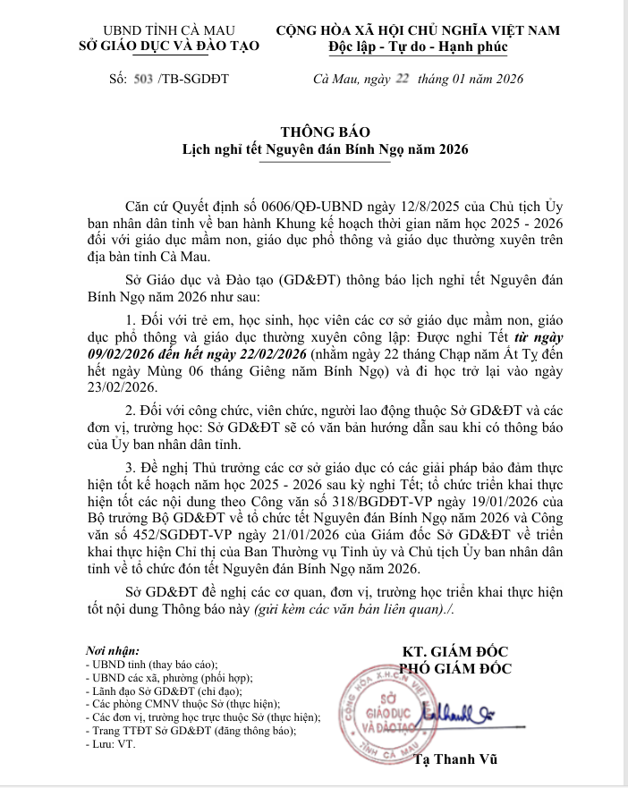 Thông báo Lịch nghỉ tết Nguyên đán Bính Ngọ năm 2026 của Sở Giáo dục và Đào tạo