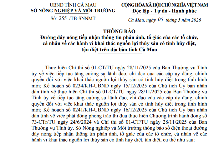 Thông báo đường dây nóng tiếp nhận thông tin phản ánh, tố giác của các tổ chức, cá nhân về các hành vi khai thác nguồn lợi thủy sản có tính hủy diệt, tận diệt trên địa bàn tỉnh Cà Mau