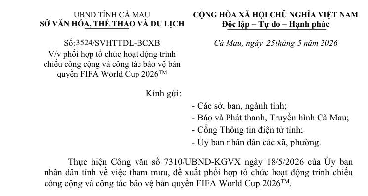 Công văn của Sở Văn hóa, Thể thao và Du lịch về việc phối hợp tổ chức hoạt động trình chiếu công cộng và công tác bảo vệ bản quyền FIFA World Cup 2026TM