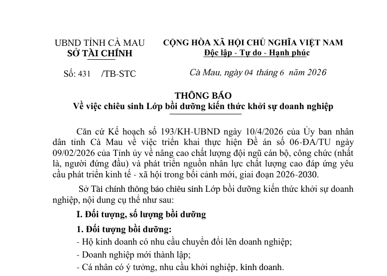 Sở Tài chính thông báo về việc chiêu sinh Lớp bồi dưỡng kiến thức khởi sự doanh nghiệp