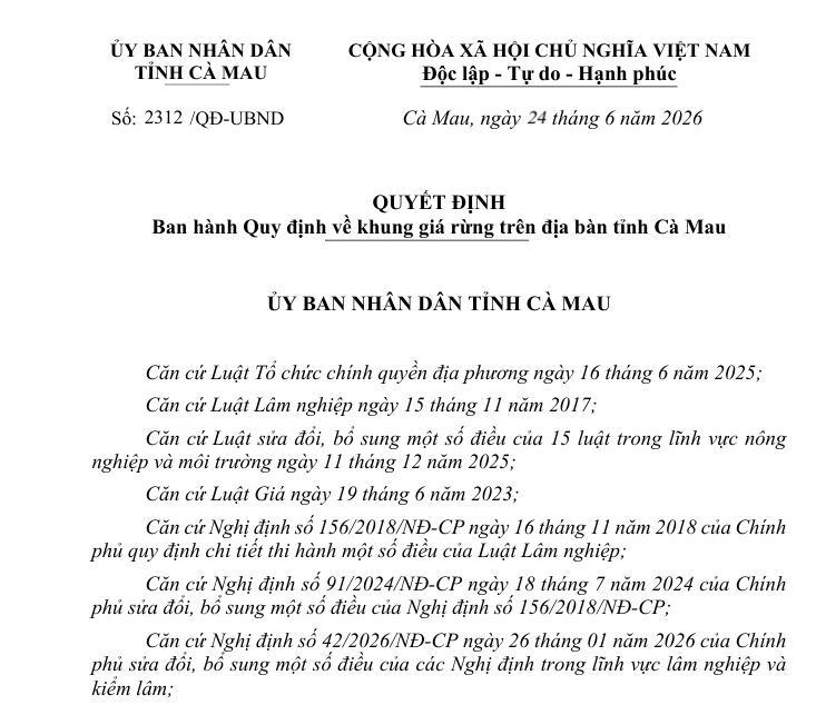 Ủy ban nhân dân tỉnh Cà Mau ban hành Quyết định về Ban hành Quy định về khung giá rừng trên địa bàn tỉnh Cà Mau