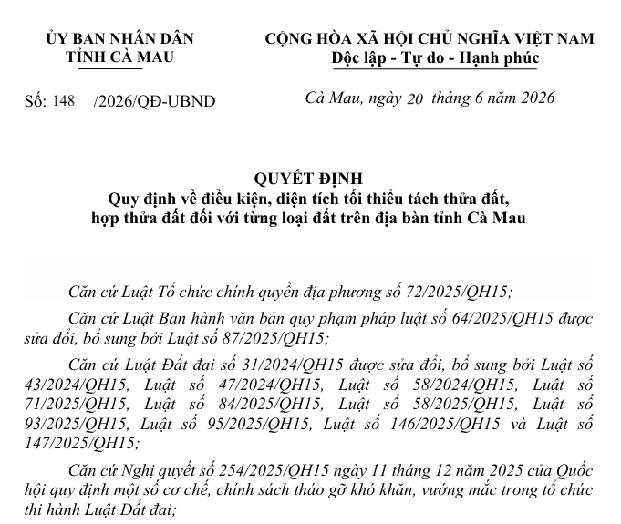 Ủy ban nhân dân tỉnh Cà Mau ban hành Quyết định Quy định về điều kiện, diện tích tối thiểu tách thửa đất, hợp thửa đất đối với từng loại đất trên địa bàn tỉnh Cà Mau