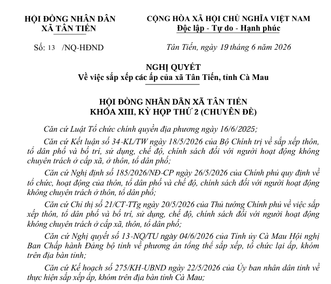 Hội đồng nhân dân xã Tân Tiến ban hành Nghị quyết về việc sắp xếp các ấp của xã Tân Tiến, tỉnh Cà Mau