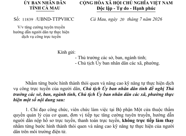 Ủy ban nhân dân tỉnh Cà Mau ban hành Công văn số 11839/UBND-TTPVHCC, ngày 20/7/2026 về việc tăng cường tuyên truyền hướng dẫn người dân tự thực hiện dịch vụ công trực tuyến