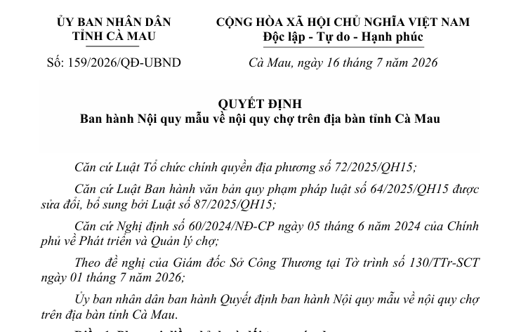 Ủy ban nhân dân tỉnh Cà Mau ban hành Quyết định về Ban hành Nội quy mẫu về nội quy chợ trên địa bàn tỉnh Cà Mau