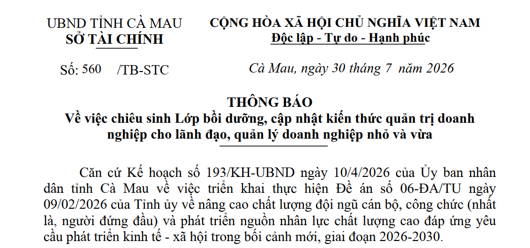 Sở Tài chính thông báo chiêu sinh Lớp bồi dưỡng, cập nhật kiến thức quản trị doanh nghiệp cho lãnh đạo doanh nghiệp nhỏ và vừa