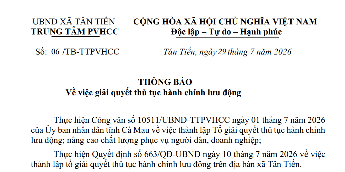 TRUNG TÂM PHỤC VỤ HÀNH CHÍNH CÔNG XÃ TÂN TIẾN THÔNG BÁO VỀ VIỆC GIẢI QUYẾT THỦ TỤC HÀNH CHÍNH LƯU ĐỘNG