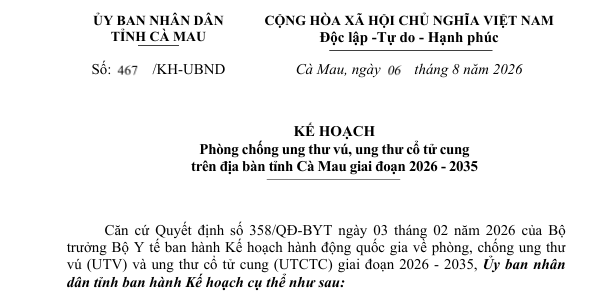 Ủy ban nhân dân tỉnh Cà Mau ban hành Kế hoạch về phòng chống ung thư vú, ung thư cổ tử cung trên địa bàn tỉnh Cà Mau giai đoạn 2026 - 2035
