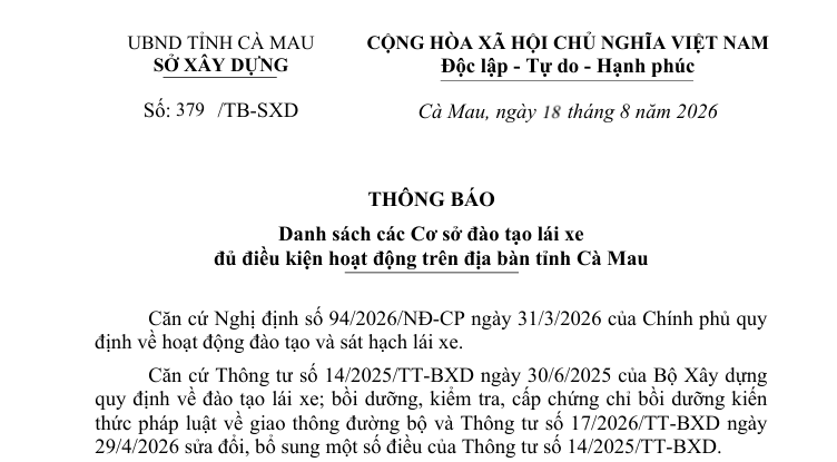 SỞ XÂY DỰNG TỈNH CÀ MAU THÔNG BÁO DANH SÁCH CÁC CƠ SỞ ĐÀO TẠO LÁI XE ĐỦ ĐIỀU KIỆN HOẠT ĐỘNG TRÊN ĐỊA BÀN TỈNH CÀ MAU