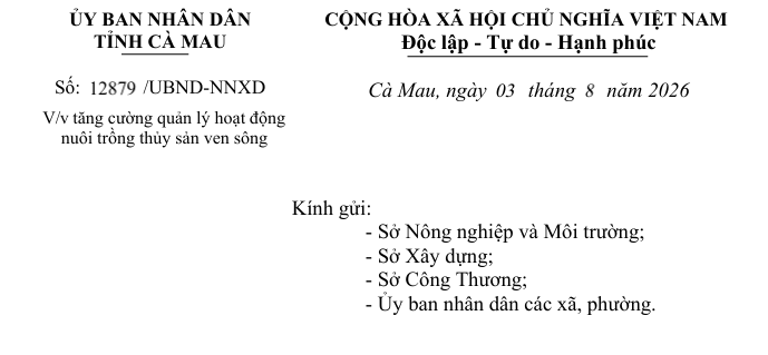 Ủy ban nhân dân tỉnh Cà Mau chỉ đạo về việc tăng cường quản lý hoạt động nuôi trồng thủy sản ven sông