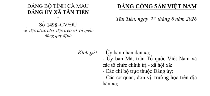 ĐẢNG ỦY XÃ TÂN TIẾN CHỈ ĐẠO VỀ VIỆC TREO CỜ TỔ QUỐC ĐÚNG QUY ĐỊNH