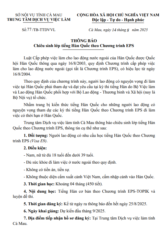 Thông báo Chiêu sinh lớp tiếng Hàn Quốc theo Chương trình EPS
