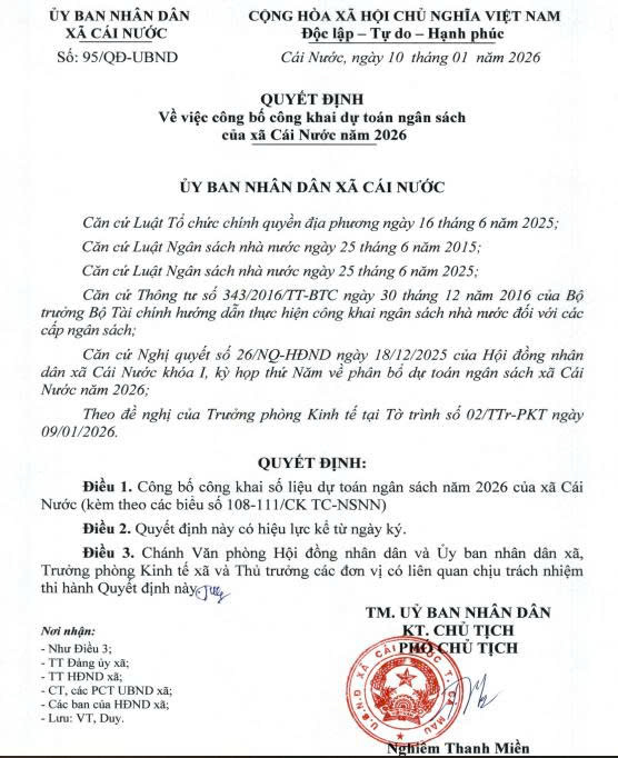 Quyết định công bố công khai dự toán ngân sách xã Cái Nước năm 2026