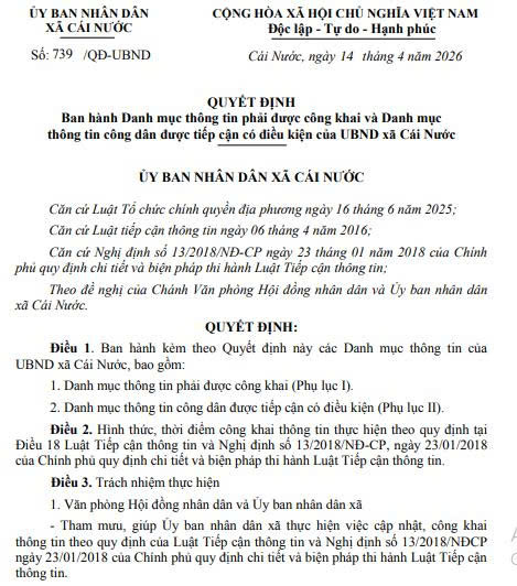 Quyết định ban hành Danh mục thông tin phải được công khai và Danh mục thông tin công dân được tiếp cận có điều kiện của UBND xã Cái Nước.