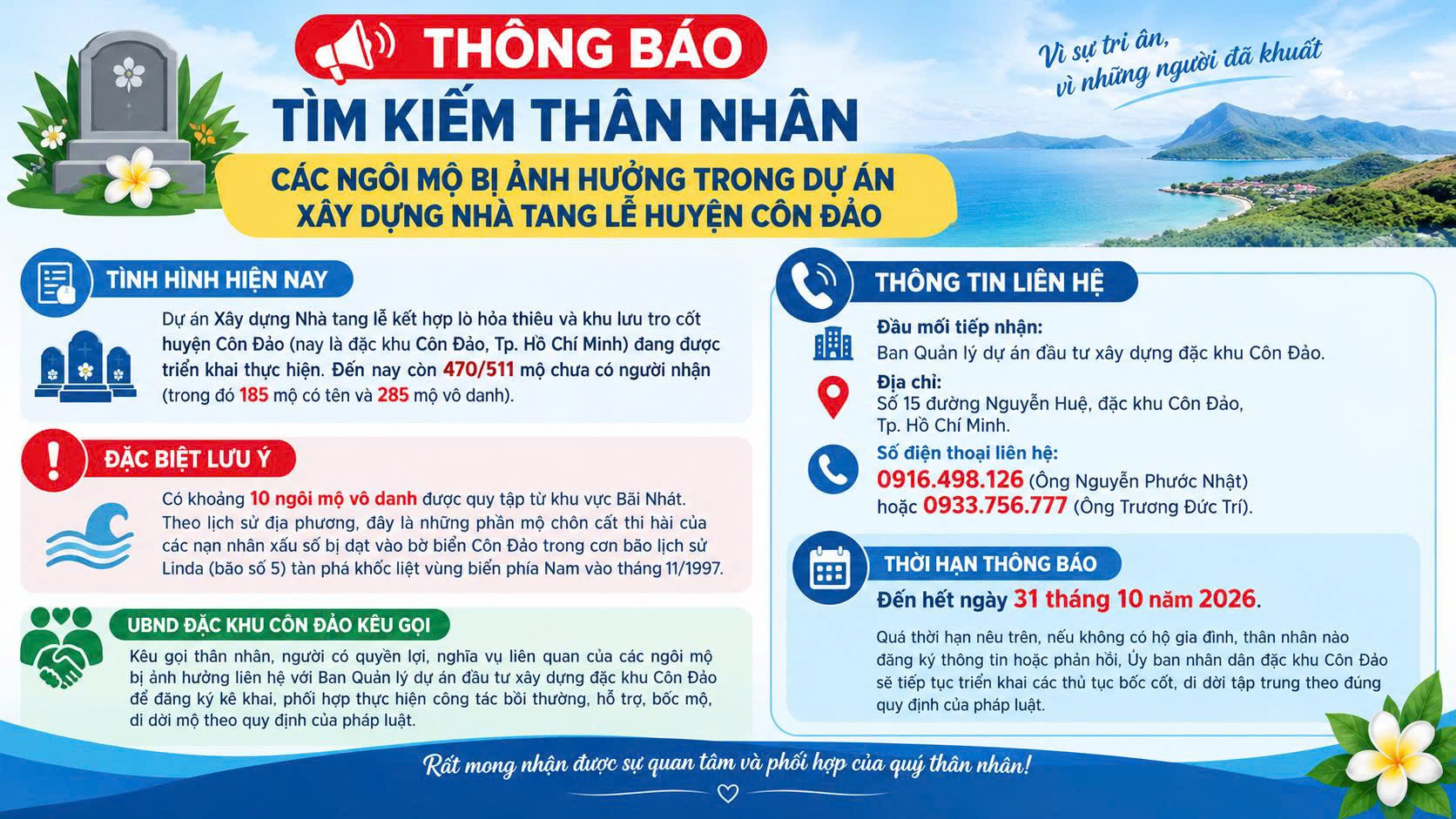 THÔNG BÁO TÌM KIẾM THÂN NHÂN CÁC NGÔI MỘ BỊ ẢNH HƯỞNG TRONG DỰ ÁN XÂY DỰNG NHÀ TANG LỄ HUYỆN CÔN ĐẢO
