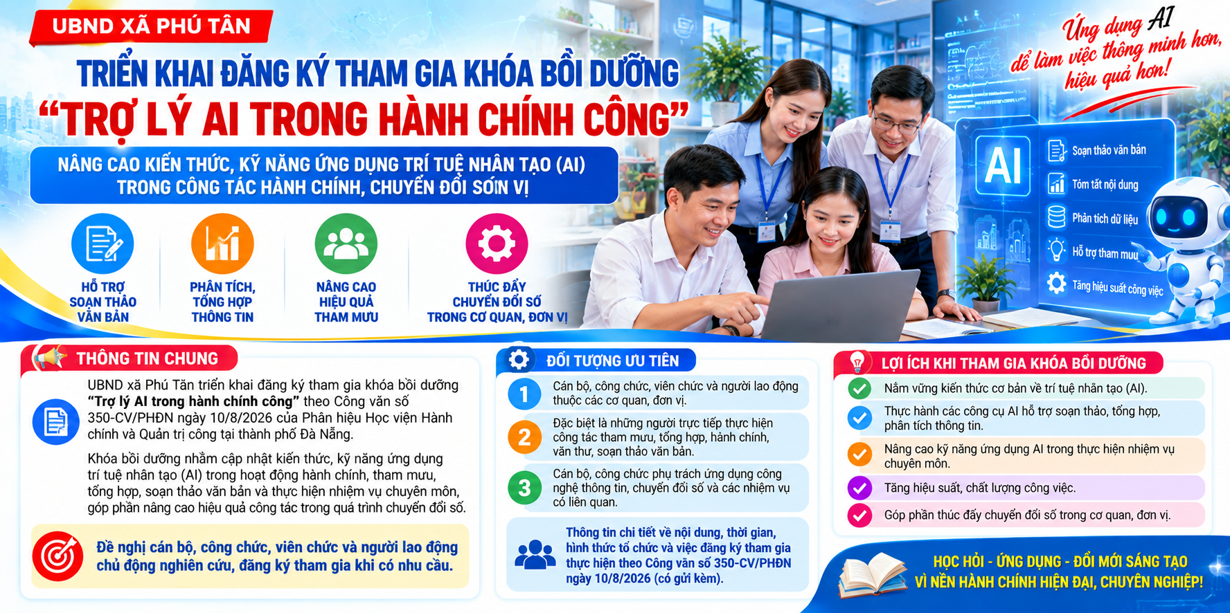 UBND XÃ PHÚ TÂN BAN HÀNH CÔNG VĂN TRIỂN KHAI ĐĂNG KÝ THAM GIA KHÓA BỒI DƯỠNG “TRỢ LÝ AI TRONG HÀNH CHÍNH CÔNG”