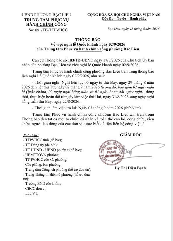 Thông báo về việc nghỉ lễ Quốc khánh ngày 02/09/2026 của Trung tâm Phục vụ hành chính công phường Bạc Liêu