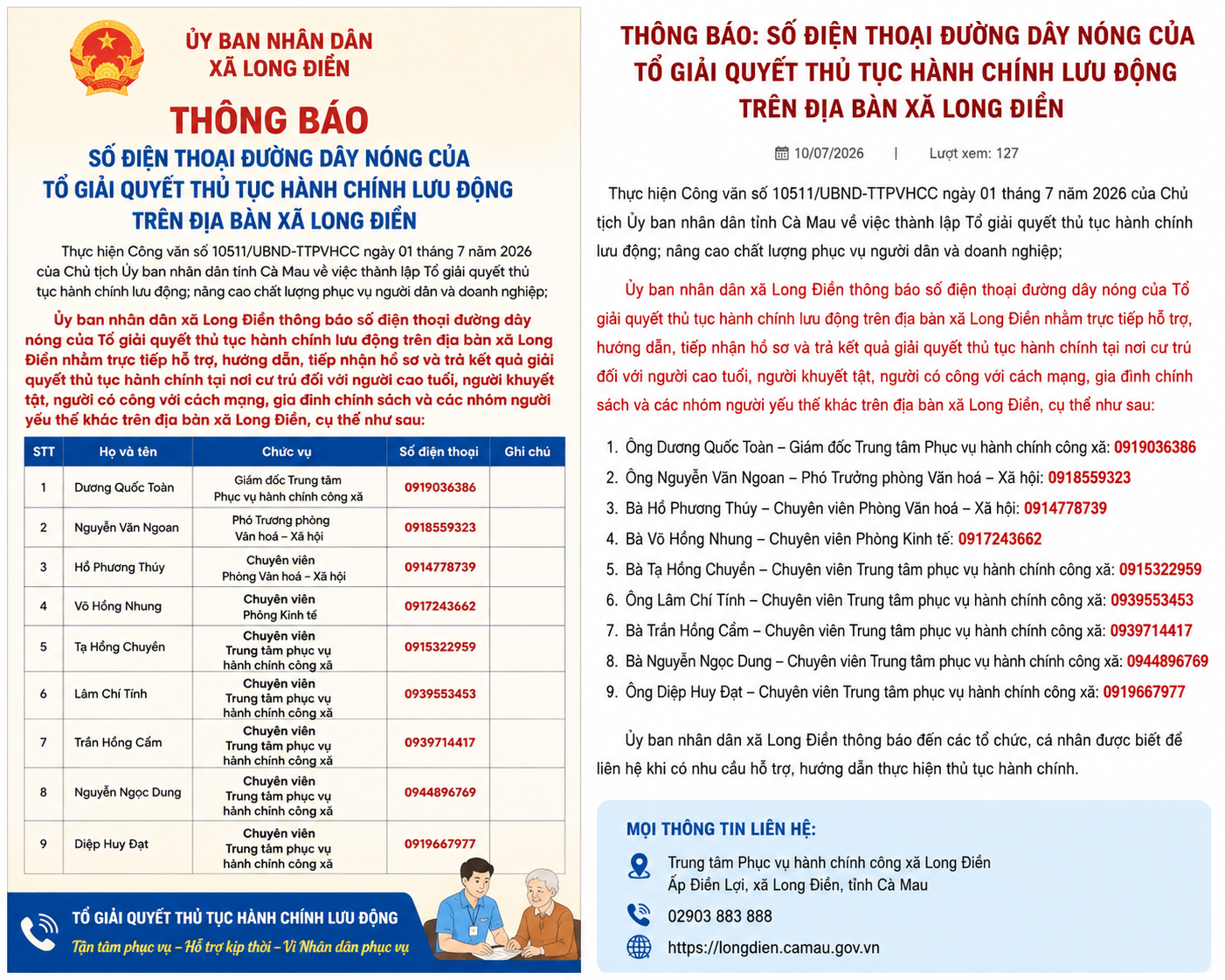 THÔNG BÁO SỐ ĐIỆN THOẠI ĐƯỜNG DÂY NÓNG CỦA TỔ GIẢI QUYẾT THỦ TỤC HÀNH CHÍNH LƯU ĐỘNG TRÊN ĐỊA BÀN XÃ LONG ĐIỀN
