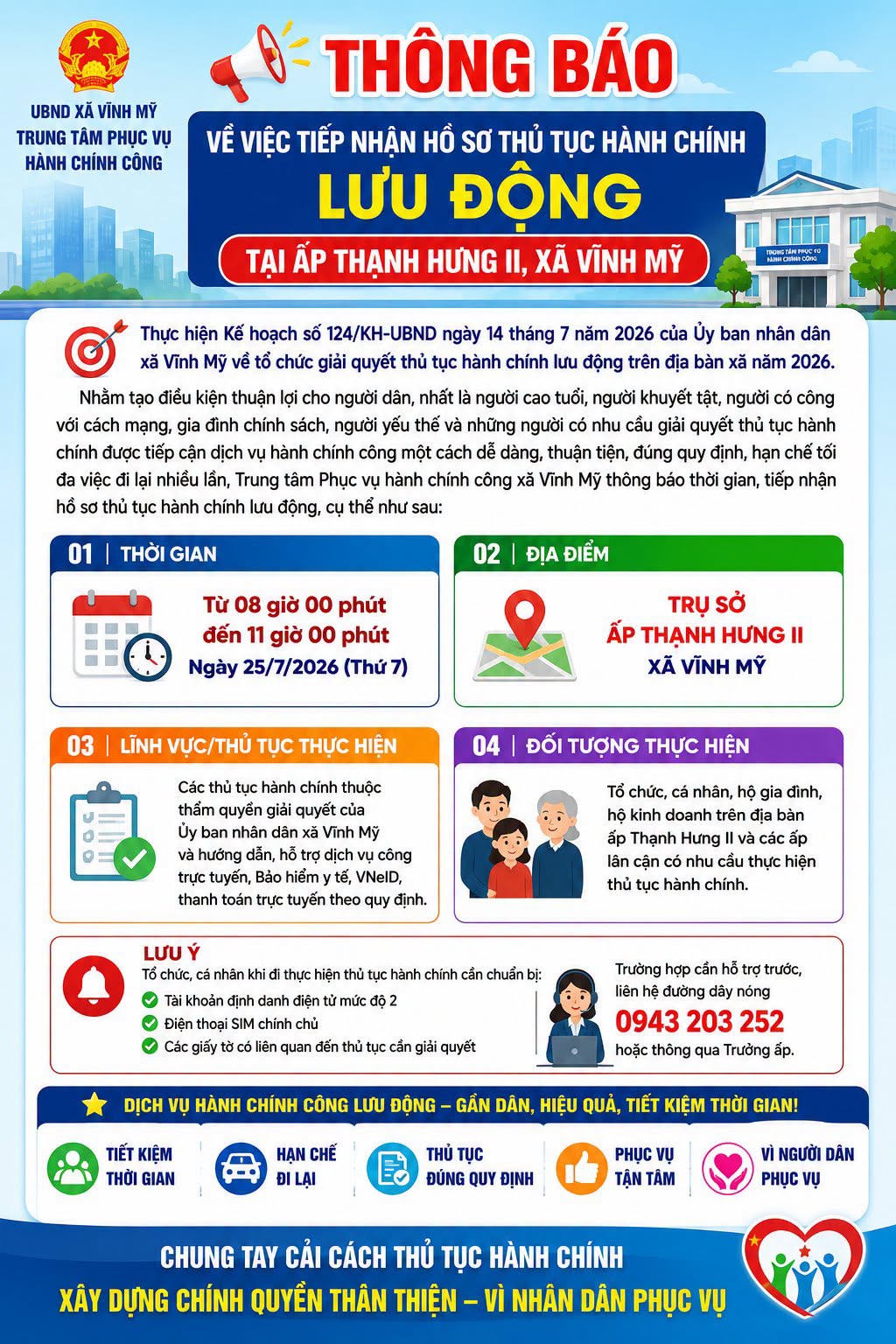 Thông báo về việc tiếp nhận hồ sơ thủ tục hành chính lưu động tại ấp Thạnh Hưng II, xã Vĩnh Mỹ