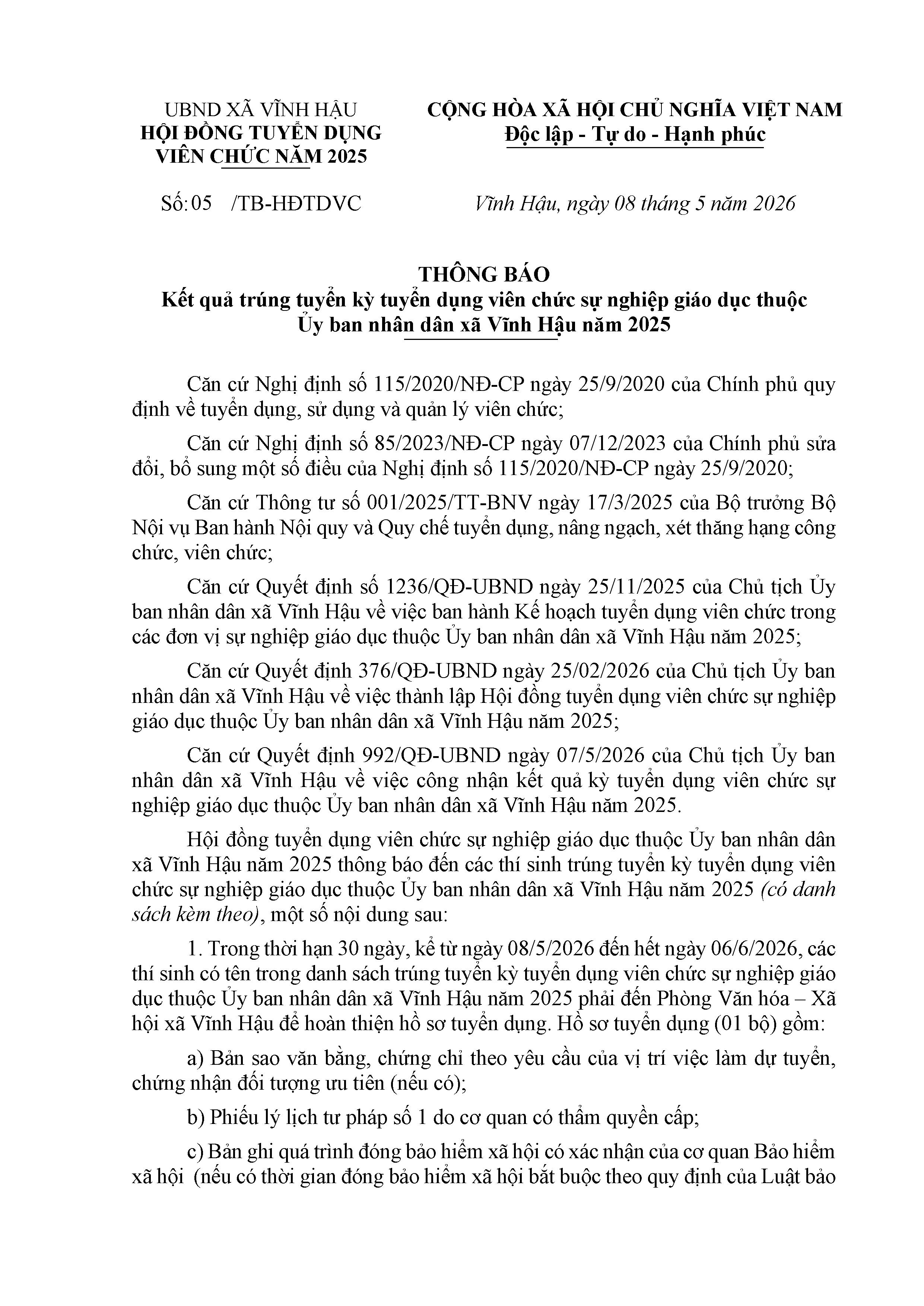 Thông báo kết quả trúng tuyển kỳ tuyển dụng viên chức sự nghiệp giáo dục thuộc Ủy ban nhân dân xã Vĩnh Hậu năm 2025